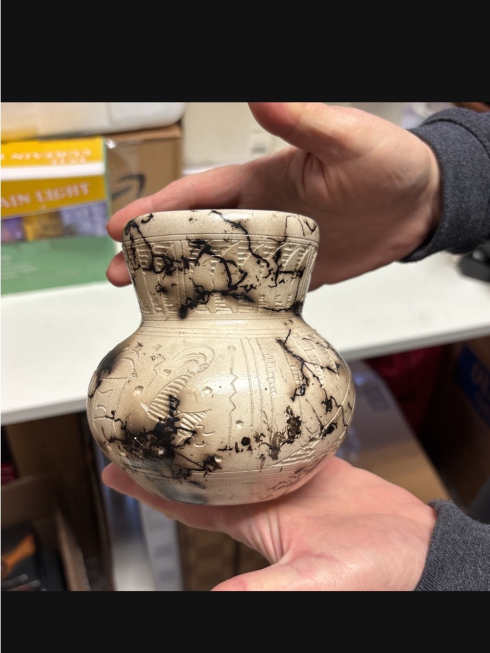 Horse Hair Native American Art Pottery Petroglyph Vase 4” Handmade Artist Signed